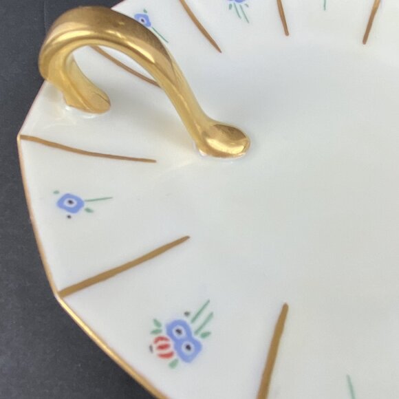 Nappy Plate Candy Trinket Dish Stripes Flowers White Gold Marked Germany Round - Picture 3 of 12